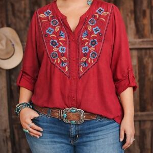 Roper Womens XL Red Blue Floral Embroidered Roll Tab Sleeve Western Blouse Top